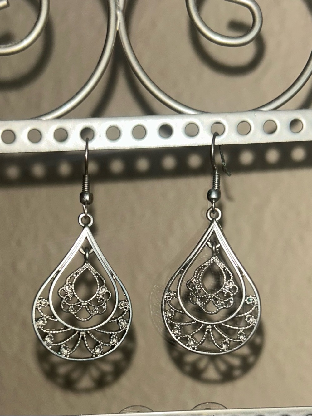 Silver Teardrop Filigree Dangle Earrings